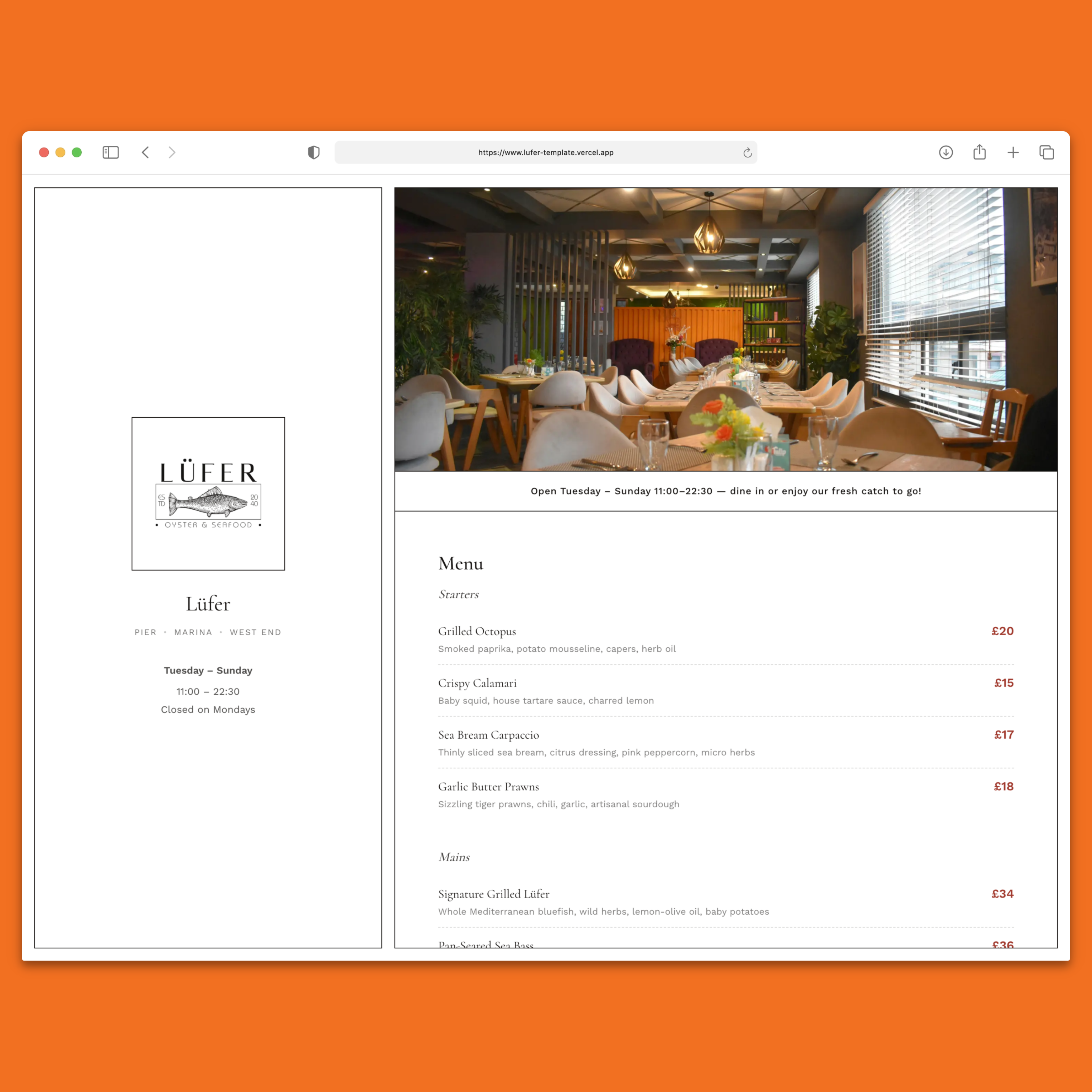Lüfer Restaurant Template — Next.js 16, React 19, Tailwind CSS 4