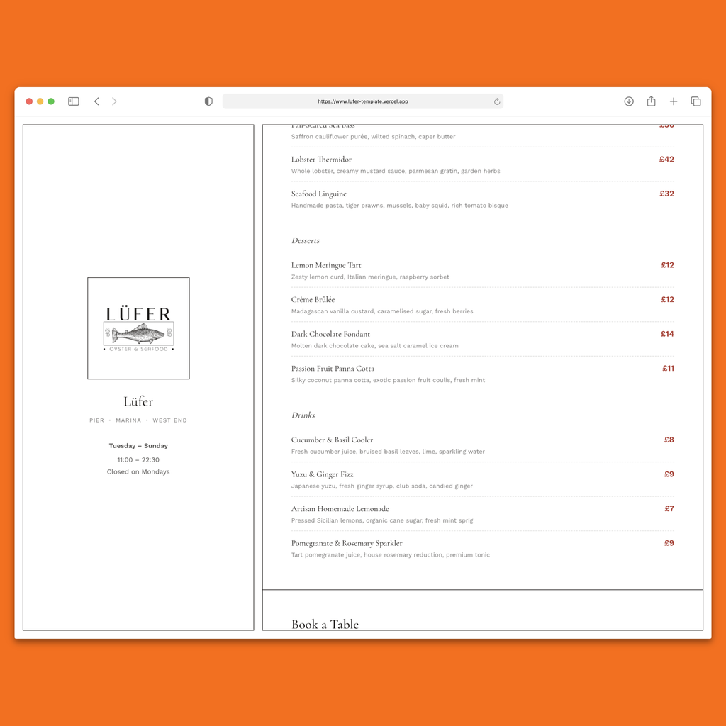 Lüfer Restaurant Template — Next.js 16, React 19, Tailwind CSS 4