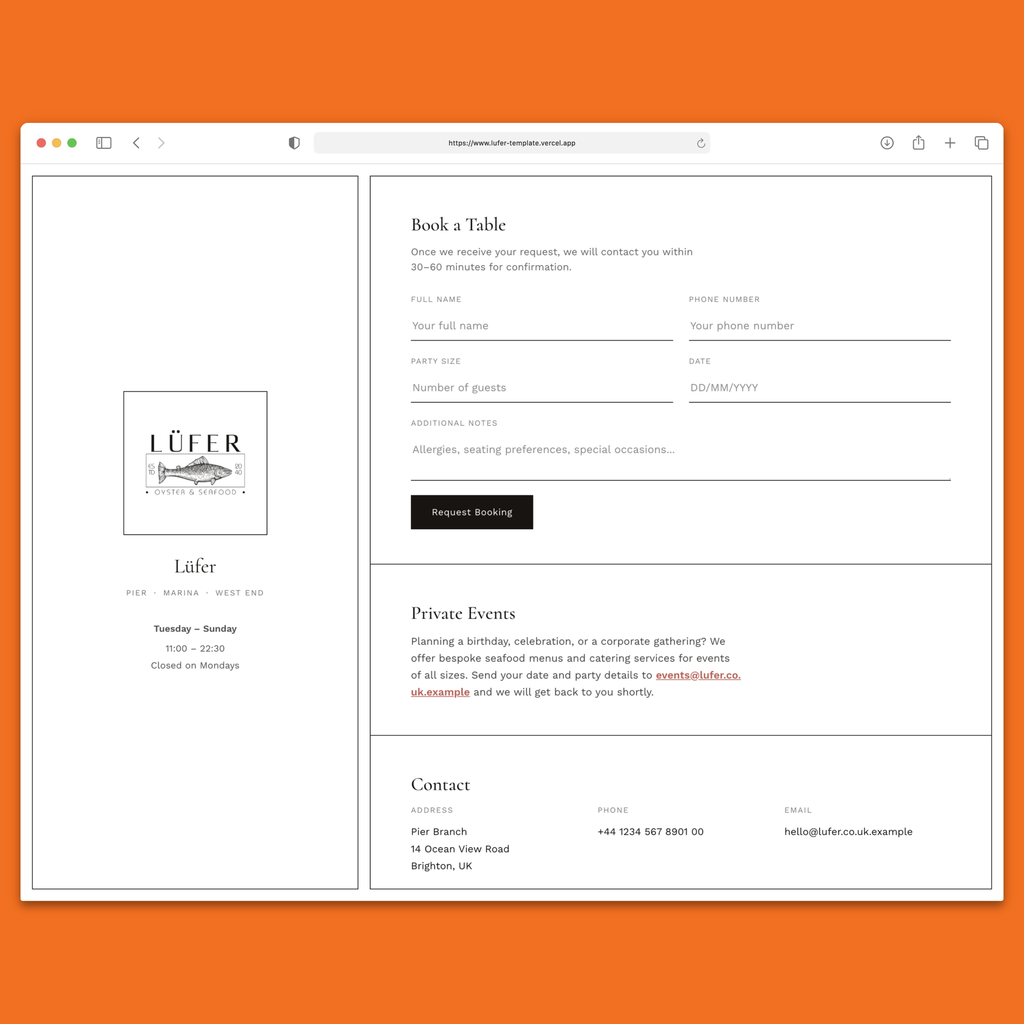 Lüfer Restaurant Template — Next.js 16, React 19, Tailwind CSS 4