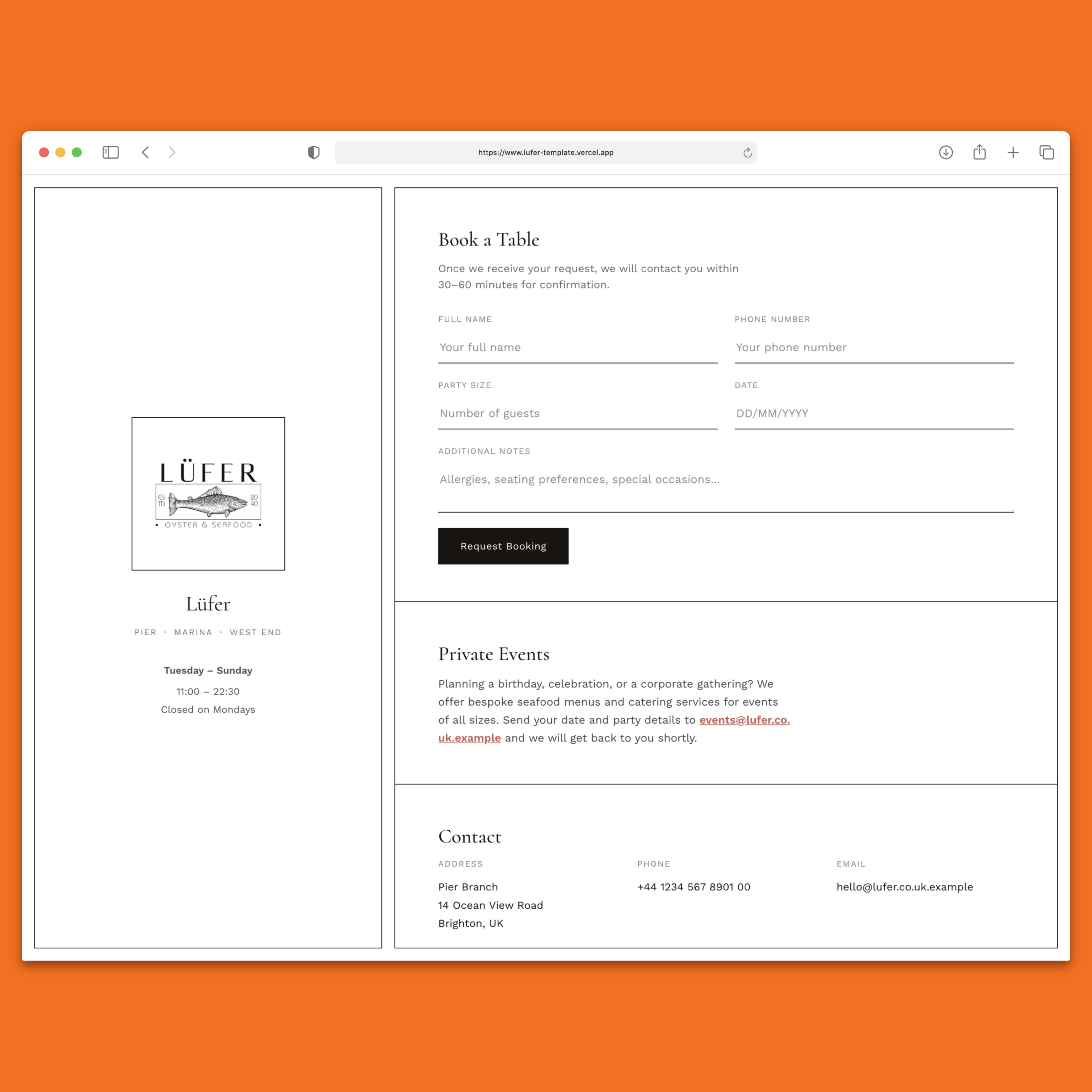 Lüfer Restaurant Template — Next.js 16, React 19, Tailwind CSS 4